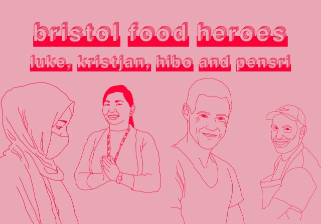 Bristol Food Heroes illustration of Hibo Mahamoud, Chefs Luke and Kristjan, and Pensri Sakornphan