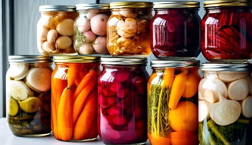 Fermenting vegetables in jars.