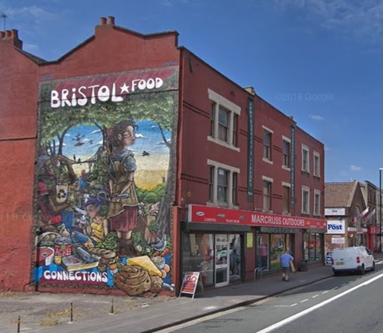 Silent Hobo, Bristol Food Connections mural 2018_installed after two billboards removed (Upfest)