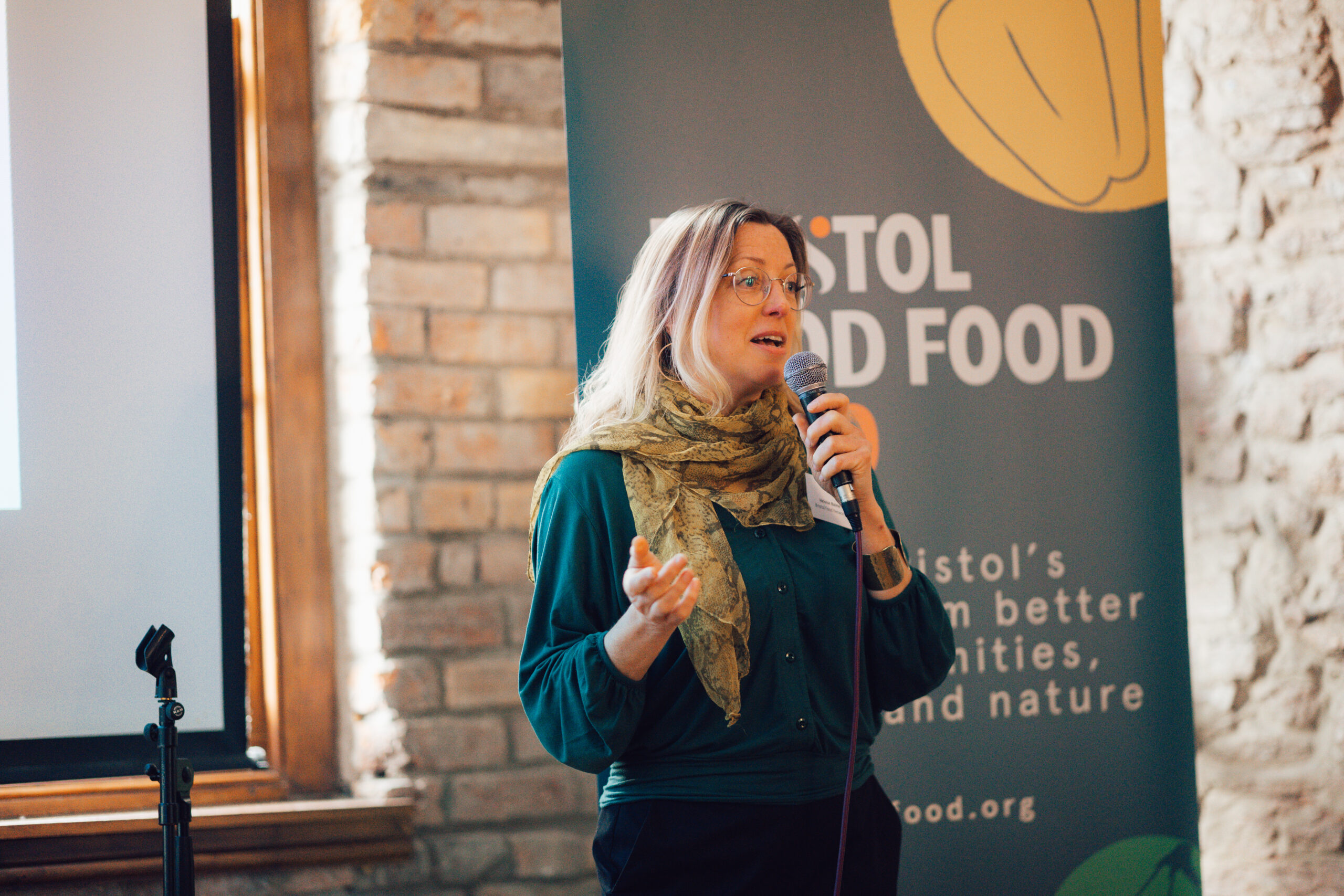 Heloise Balme speaking at a Bristol BID and Bristol Food Network hospitality event